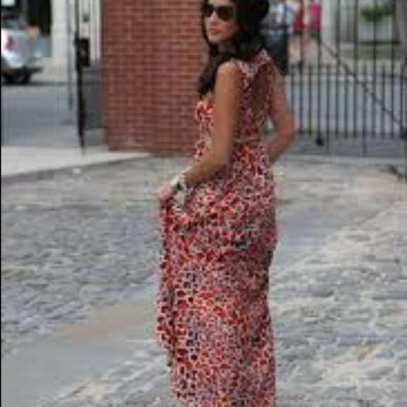 H&M Orange Blue Animal Print Maxi Dress Front Pleat Cutout Back Size 8 - Picture 2 of 9